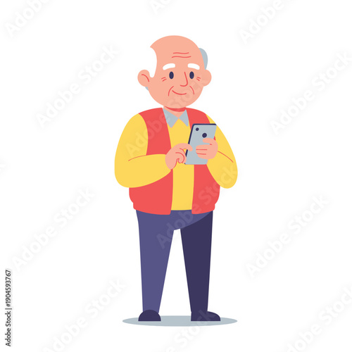 An older man in a red vest stands holding a smartphone and looking at it.