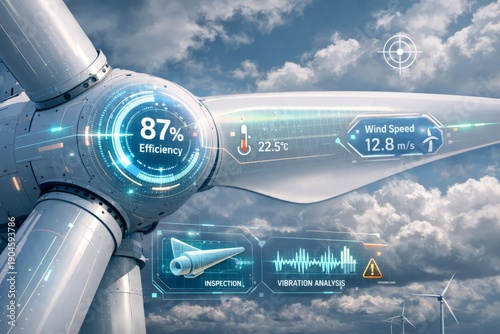 Close-up of a wind turbine rotor with digital monitoring interface showing efficiency, wind speed, inspection and vibration analytics against cloudy sky