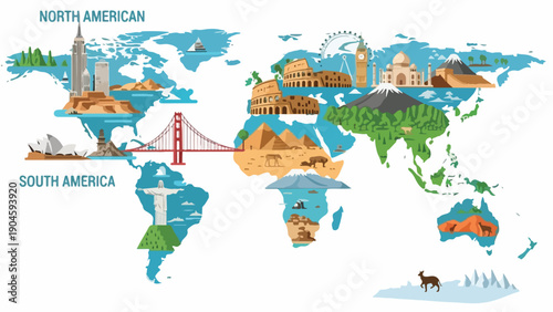 A stylized world map with iconic landmarks around the globe