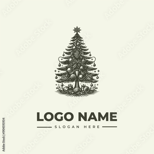 A vintage-style woodcut illustration of a Christmas tree with a logo and slogan text on a beige background, featuring a decorative tree with a star on top and ornate swirls.