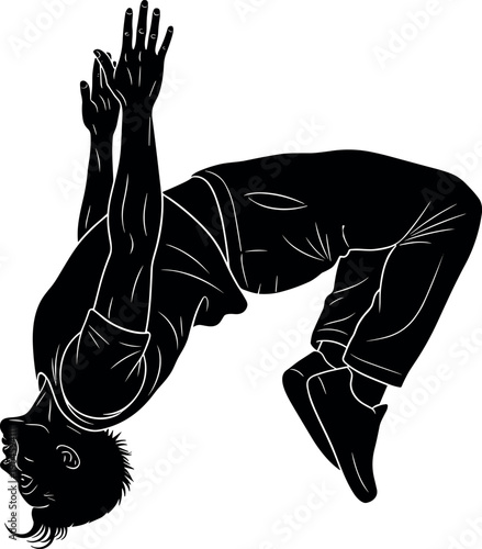 Dynamic black silhouette of athletic man performing high backflip jump parkour trick vector illustration isolated on white background for sports design.
