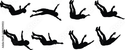 Human silhouettes falling through air in different poses, weightlessness, loss of control, motion and dramatic movement concept isolated on white background