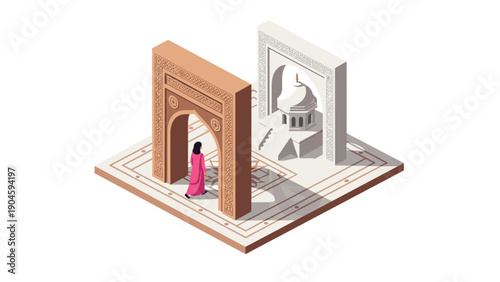 Isometric middle eastern architecture with woman in traditional dress