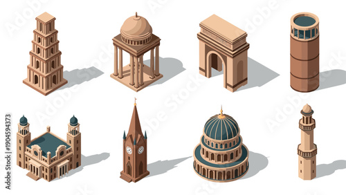 Isometric architectural landmarks set: classic and modern structures on white background
