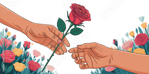Two hands exchanging a red rose among flowers giving