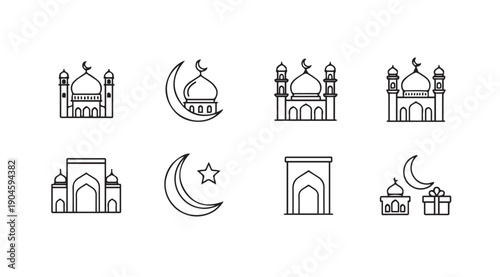 Islamic Mosque and Crescent Moon Icon Set, Ramadan Kareem Symbols, Flat Design