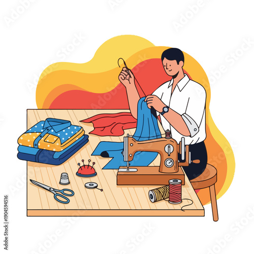 A tailor sews clothing on a wooden table, featuring various sewing tools