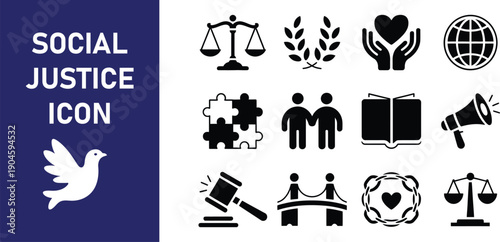 Social Justice and Human Rights Black Glyph Icon Set