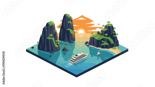 Tropical island paradise with mountains and cruise ship at sunset