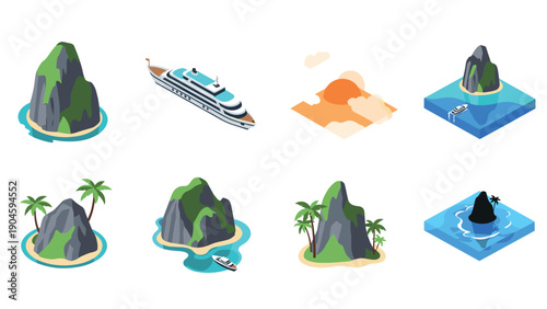 Tropical island icons with yacht and sunset in isometric style