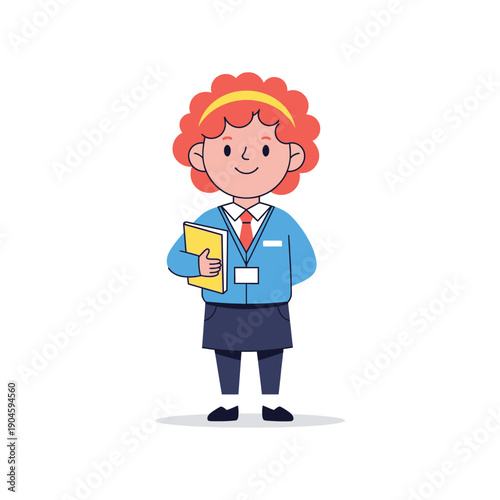 Illustration of a smiling schoolgirl holding books, wearing uniform and headband, front view