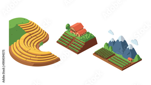Isometric farming landscapes: terraces, vineyards, and mountain farms