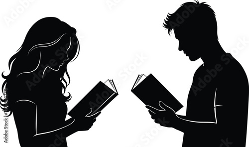 Man and woman reading books silhouette illustration showing focused study and learning concept in black vector style for education, knowledge, and literacy design