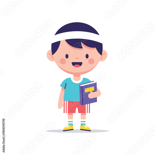 A cartoon boy holding a book smiles cheerfully in a casual outfit.