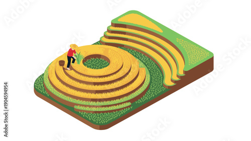 Isometric rice terraces with farmer on lush green landscape