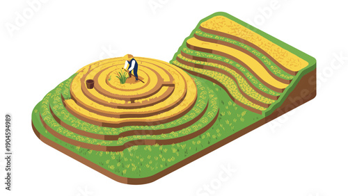 Isometric farmer in terraced field harvesting crops on a sunny day