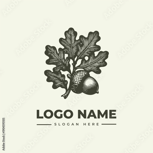 A vintage-style woodcut illustration of an oak leaf and acorn logo with a placeholder name and slogan on a clean white background.