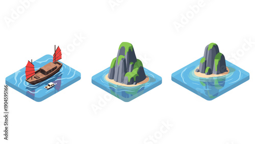 Isometric tropical sea scene with traditional boat and rocky islands