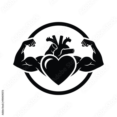 A black and white illustration of flexed arms holding a heart in a circular frame