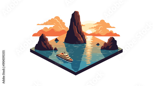 Isometric coastal landscape with yacht and sunset in warm tones