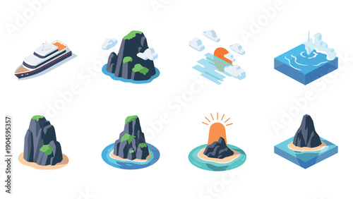 Isometric tropical oasis with cruise ship and rocky islands at sunset