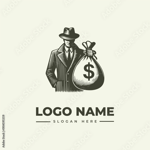 A vintage-style illustration of a man in a suit and hat holding a money bag with a dollar sign, logo and slogan text on a clean background.
