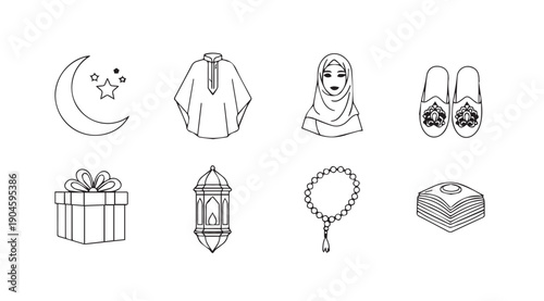 Islamic Ramadan Icons: Moon, Gift, Lantern, Woman, Prayer Beads, Clothing, Slippers