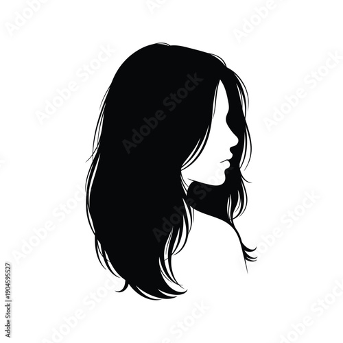 Black silhouette of a womans head with long hair profile view
