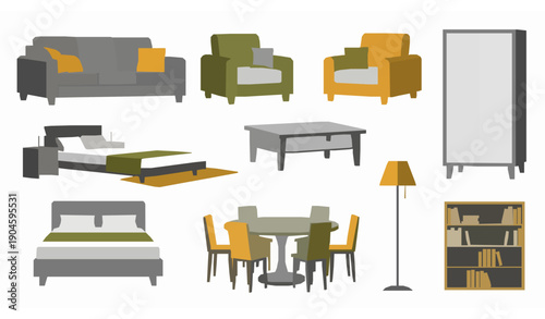 Flat home furniture vector set with modern interior elements