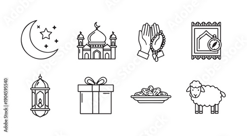 Islamic Ramadan Icons: Mosque, Prayer, Dates, Sheep, Gift, Moon, Lantern, Prayer Mat