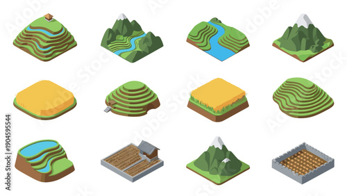 Isometric agricultural landscapes with fields and mountains