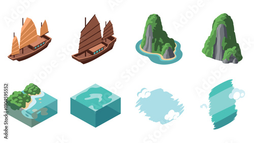 Isometric sailing ships and tropical landscapes with cloud elements