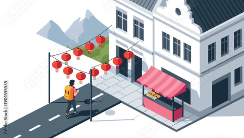 Traditional lantern festival in an urban setting with a street vendor and pedestrian