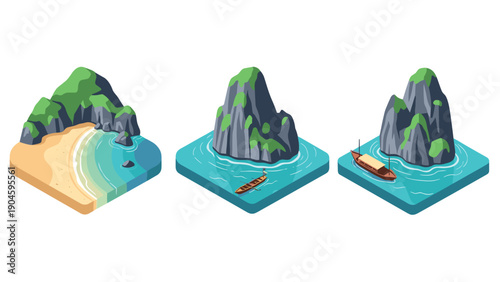 Tropical beach and boat isometric set with ocean cliffs