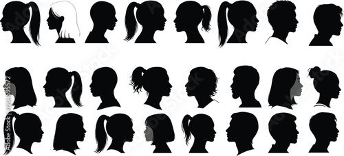 Set of male and female head profile silhouettes in various hairstyles, black vector illustration collection ideal for avatars, identity design, psychology, and character concepts