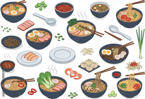 Diverse collection of Japanese ramen dishes and ingredients, showcasing popular noodle soup preparations and accompaniments