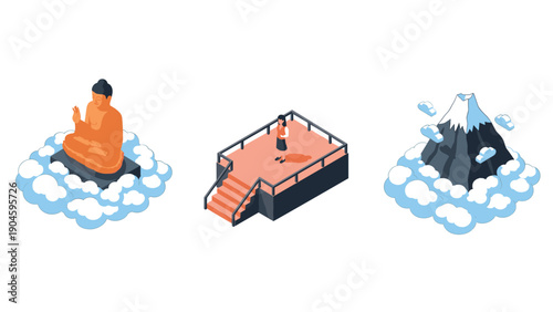 Isometric icons: peaceful buddha, viewing platform, snow-capped mountain