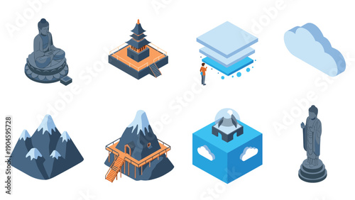 Isometric zen and nature: mountains, buddhas, and cloud icons with a peaceful vibe