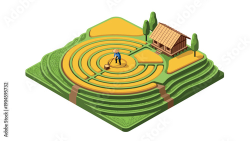 Isometric landscape with rice fields and farmer on spiral terrace