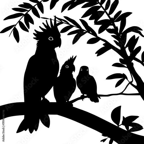 Cockatoo Family Silhouette on Branch