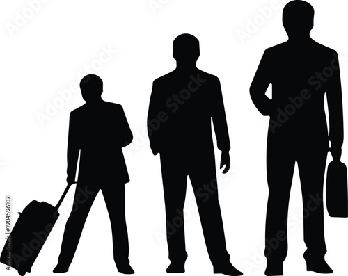 Silhouette of businessmen with luggage in different sizes, business travel growth concept, professional journey, career progress, leadership, corporate success illustration