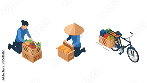 Isometric urban market: fresh produce baskets and bicycle delivery scene