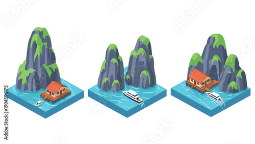 Isometric mountain lake scene with floating house and boats
