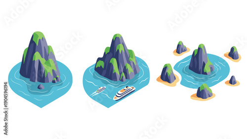 Scenic isometric island views with boats and rocky landscapes