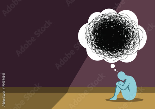 Depressed Person Illustration. Anxious Mind Concept. Mental Health Struggle. Vector Art.