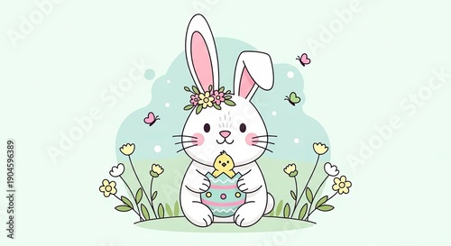 A white rabbit with a flower crown holding an egg, surrounded by flowers, in a whimsical and colorful outdoor setting, from a straight-on viewpoint.