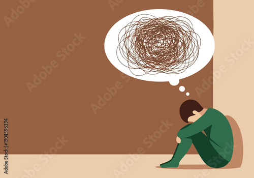 Mental Health Concept. Depressed Person. Flat Illustration. Minimalist Design. Stress and Anxiety.