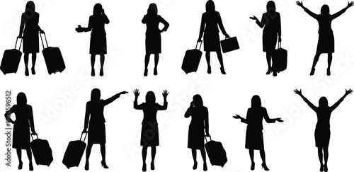 Silhouettes of businesswoman traveler with suitcase in different poses, professional female travel concept, airport journey, work travel, success, lifestyle illustration