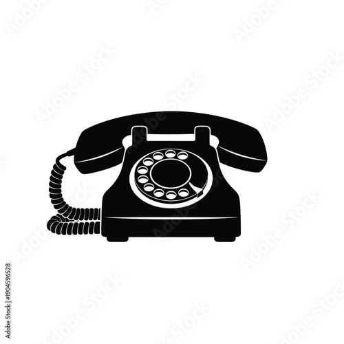 Black and white illustration of a vintage rotary dial telephone with cord and receiver