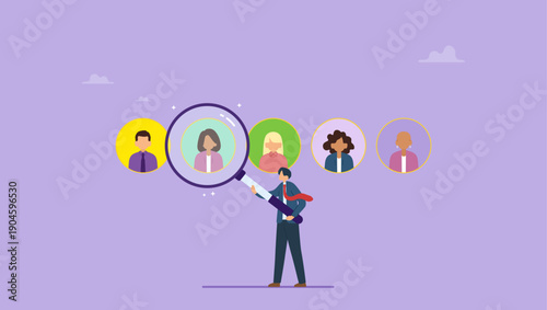 Businessman, employer boss or HR manager standing using magnifying glass to choose job interview people. Human resources or finding suitable candidates concept, head hunt, choosing talent for job.